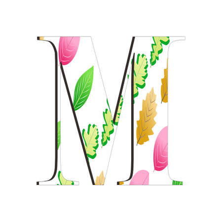 Illustration of alphabet letter M with leaf pattern isolated on white background. Suitable for all businesses.のイラスト素材