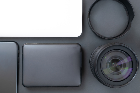 Photo equipment on the grey tableの写真素材