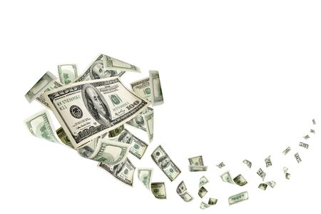 Hundred dollar bill. Falling money isolated background. Americanの写真素材