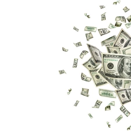 Hundred dollar bill. Falling money isolated background. Americanの写真素材