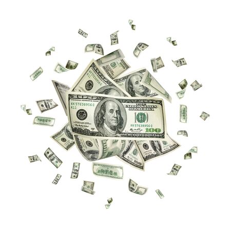Money stack. Hundred dollars of America. Falling money isolated,の写真素材
