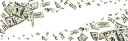 Hundred dollar bill. Falling money isolated background. Americanの写真素材