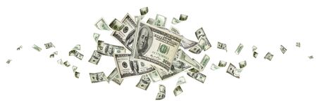 Money stack. Hundred dollars of America. Falling money isolated, us bill.の写真素材
