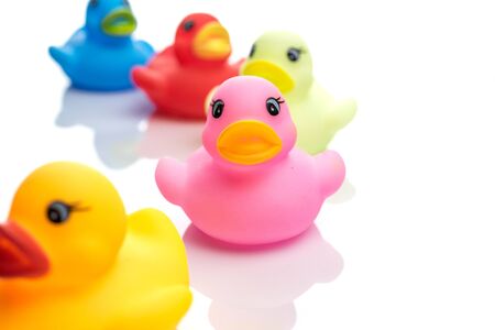 Duck background. Yellow rubber toy. Pay in pool.の写真素材