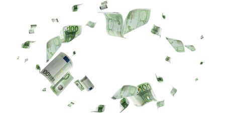 Banknote european cash. Falling money on whote isolated background.の写真素材