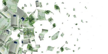 Euro coin falling banknotes. European money on white isolation background.の写真素材