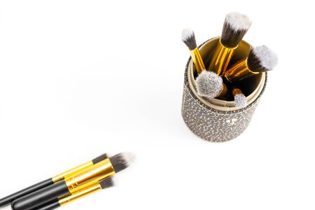 Cosmetics set. Cosmetic powder brushes isolated on white backgroの写真素材