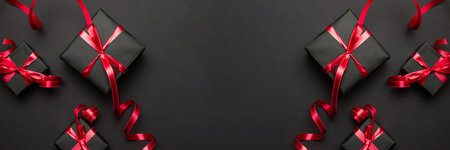 Merry Christmas and Happy Holidays greeting card, frame, banner. New Year. Noel. Gold Christmas gifts, ornaments on black background top view. Winter holiday xmas theme. Flat layの写真素材