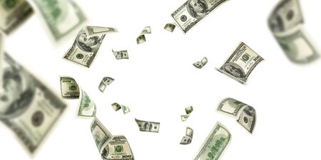 Hundred dollar bill. Falling money isolated background. American cash.の写真素材