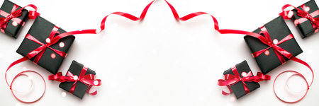Xmas gift. Christmas gifts, red decor on white background top view. Xmas present. Winter xmas...