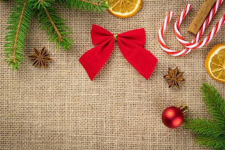 New years eve. 2020 Christmas decoration isolated on linen texture background.Xmas celebration pattern. Flat lay design.Copy Spaceの写真素材