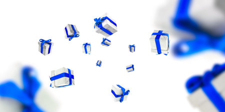 Surprise gifts. Gift boxes with blue ribbons isolated on white. Christmas background with Surprise...