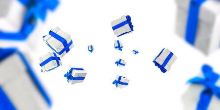 Gift boxes with blue bows on white. Falling gifts. Christmas background with Surprise boxes. Used for birthday, anniversary presents, gift cards, post cards.の写真素材