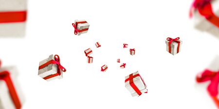 Gift boxes with red bows on white. Falling gifts. Christmas background with Surprise boxes. Used for birthday, anniversary presents, gift cards, post cards.の写真素材