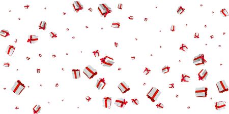Gift boxes with Lush Lava bows on white. Falling gifts. Christmas background with Surprise boxes. Used for birthday, anniversary presents, gift cards, post cards.の写真素材