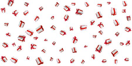 Gift ribbon box. Falling gifts with Lush Lava ribbons. Christmas background with Surprise boxes. Used for birthday, anniversary presents, gift cards, post cardsの写真素材