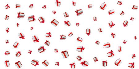 Gift ribbon Lush Lava isolated on white. Falling gifts with Lush Lava bows. Used for birthday, anniversary presents, gift cards, post cardsの写真素材