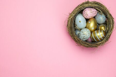 Easter eggs isolated on pink background. For greeting card, promotion, poster, flyer, web-banner, articleの写真素材