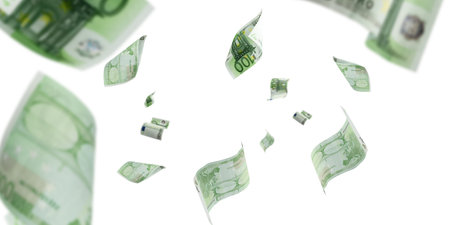 Euro money falling cash. European banknotes isolated on white background.