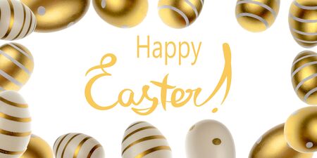 Happy Easter background. Golden shine decorated eggs in shape frame isolated on white. For greeting card, promotion, poster, flyer, web-banner, articleの写真素材
