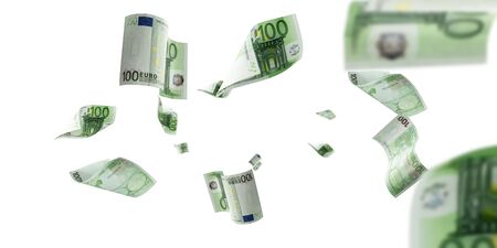 Euro banknote isolated falling background. European money bill. Business cash.の写真素材