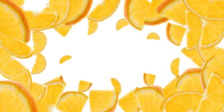Orange background fruit. Citrus tangerine slices isolated on white. Falling backgroundの写真素材