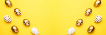Easter egg background with golden shine decorated eggs in basket isolated on yellow. Happy Easter.
