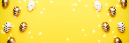 Happy Easter eggs yellow background. Golden shine decorated eggs in basket, for greeting card, promotion, poster.の写真素材