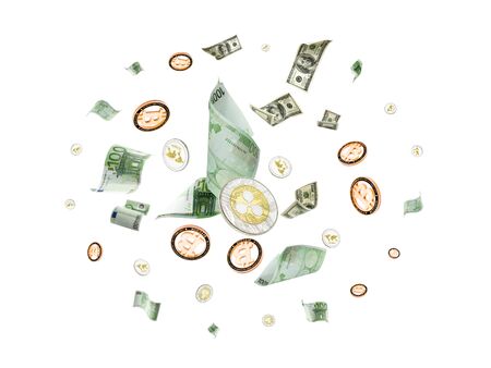 Us dollar bill. Washington American cash, Euro money, Bitcoin Cryptocurrency falling. Usd money backgroundの写真素材
