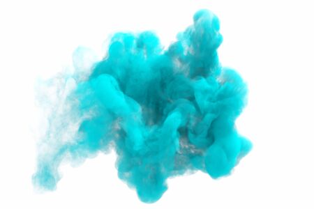 Smoke background. Aquamarine steam smog isolated on white. Blue cloud aromatherapy concept. Fog and mist effect or toxic gasの写真素材