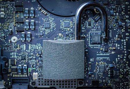 Cyber security lock. Security computer Data Internet protection with lock, key on microscheme chip....