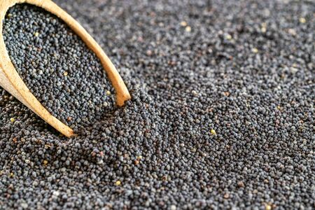 Poppies isolated seeds in wooden spoon on dark. Pile poppyseed food in scoop on black stone background. Healthy breakfast or morning snack diet eating conceptの写真素材