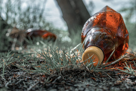 Waste management. Plastic trash in environment forest. Rubbish garbage in woodland. Save nature...