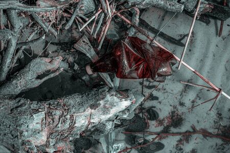 Trash environment. Rubbish plastic waste on sea ocean beach. Garbage in marine water environment. Ecological problem with Empty used dirty plastic bottlesの写真素材