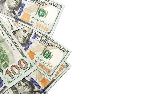 Us dollar bill. Washington American cash. Falling usd money isolated on white background.の写真素材