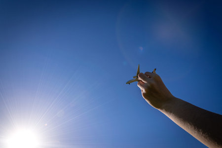 Toys kids airplane in sunlight blue sky. White travel plane in hand fly in bright sun light air background. Aircraft flight concept.の写真素材