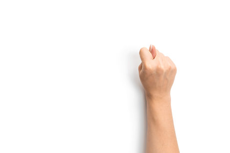Hand isolated holding. Female arm gesture. Woman hand isolated on white background