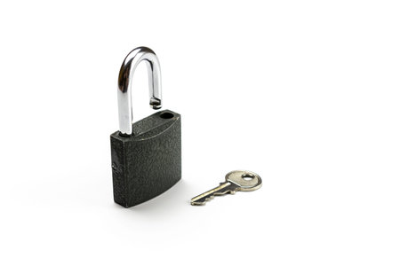 Padlock isolated on white background. Metal lock pad with key, security concept