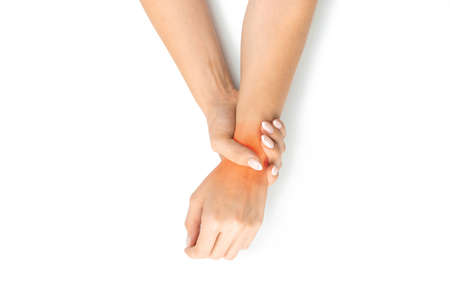 Woman carpal tunnel. Arthritis office syndrome is consequence of computer. Hand pain in woman injury wrist. Health care and medical concept.の写真素材