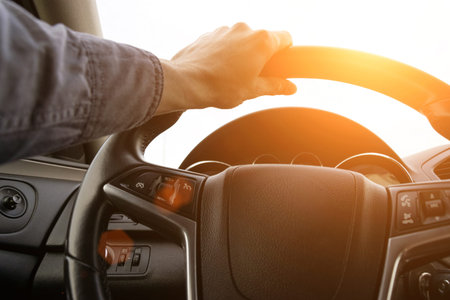 Driver car. Fun drive in summer vacation ride day. Happy young man have road travel trip inside car...