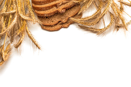 Loaf bread. Rye bakery with crusty loaves and crumbs. Fresh loaf of rustic traditional bread with...