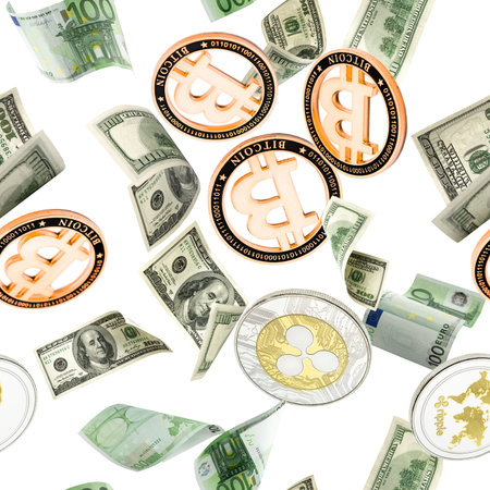 Money falling seamless pattern background. American, Euro Banknote cash. Bitcoin Cryptocurrency...