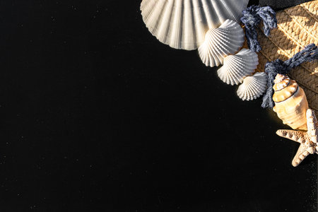 Summer time. Globe, seashell, airplane and starfish near black desk on sea beach in sunny day. Exotic tropical beach with copy spaceの写真素材