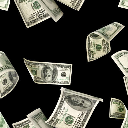 Dollars pattern us bill. Washington American cash. Falling usd money isolated on black backgroundの写真素材