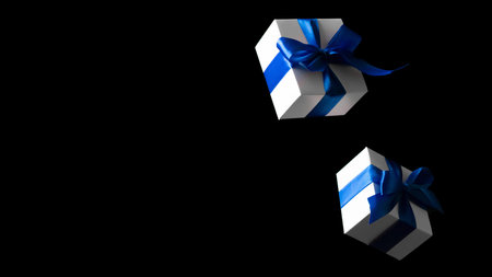 Gift online. White gift box with blue ribbon isolated on black background in Black Friday concept....