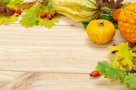 Autumn flat lay. Natural harvest with wheat grain ear orange pumpkin, fall dried leaves, red berries...