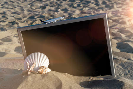 Shell sea. Starfish, seashells, toy plane and globe near blackboard on ocean nature beach. Tranquil beach scene with copy spaceの写真素材