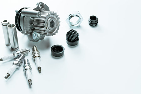 Engine gears. Auto motor mechanic spare or automotive piece on white background. Set of new metal...