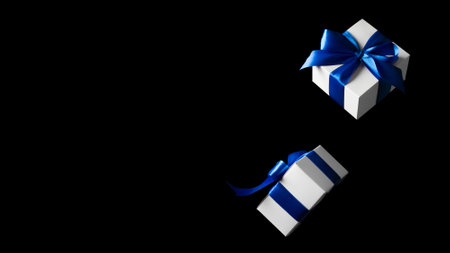Discount background. White gifts with blue bow falling on black background for Black Friday banner. Flying backdrop with space for textの写真素材