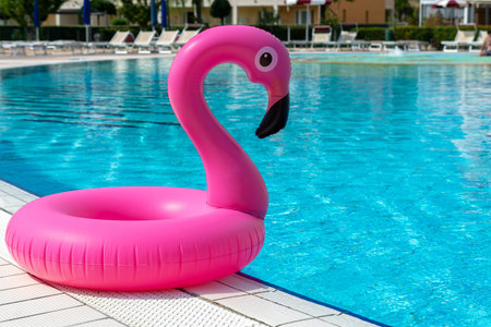 Flamingo print. Pink inflatable flamingo in pool water for summer beach background. Minimal summer...